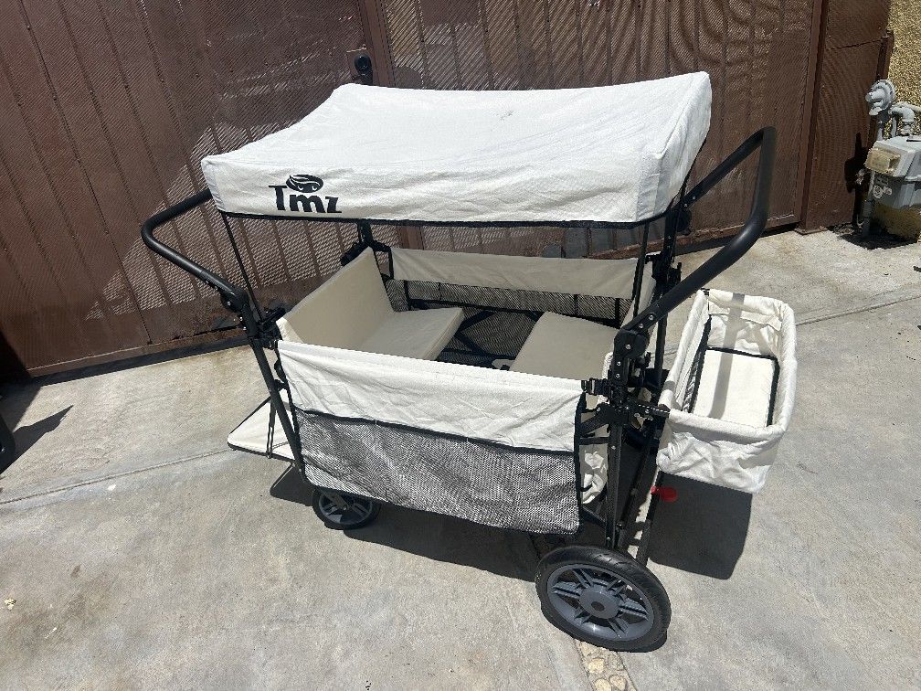 TMZ Collapsible Folding Wagon with Adjustable Handle Bar,Foldable Wagon with Canopy, Pet Stroller with Seats and Seat Belts,Front Expandable Transport