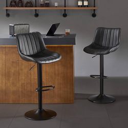Bar Stools Set of 2,Swivel Counter Height Bar Stools, Adjustable PU Leather Bar Chairs with Back and Footrest, Modern Armless Counter Stools, Island C