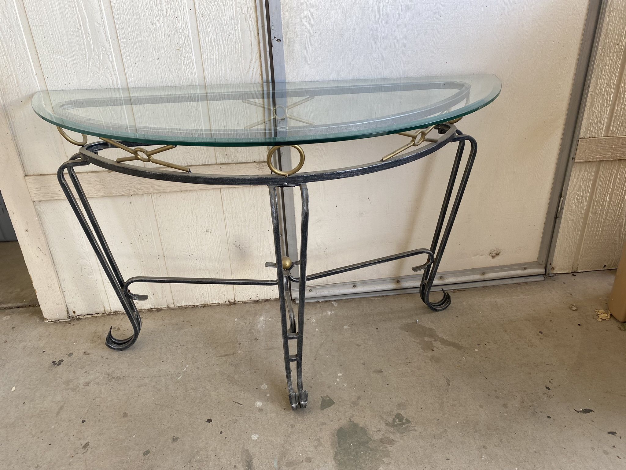 Nice Half Moon Metal & Glass Console, Sofa Table, Entry. Glasses Beveled In Great Condition No Chips