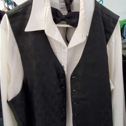 Tuxedo Black Jacket White Butto. Up Shirt Vest Bow Tie Pants 