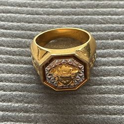 Vintage Versace Medusa Ring Gold Tone Metal Greek Key Design 1990s Made in Italy