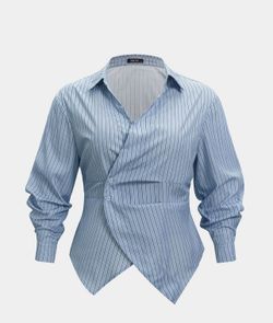 Micas Blue plus size stripes print button print button asymmetrical long sleeve shirt