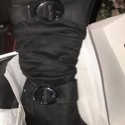 Anna Black Suede Double Buckle Womens Girls Ladies High Heel Boots Shoes Size 6.5