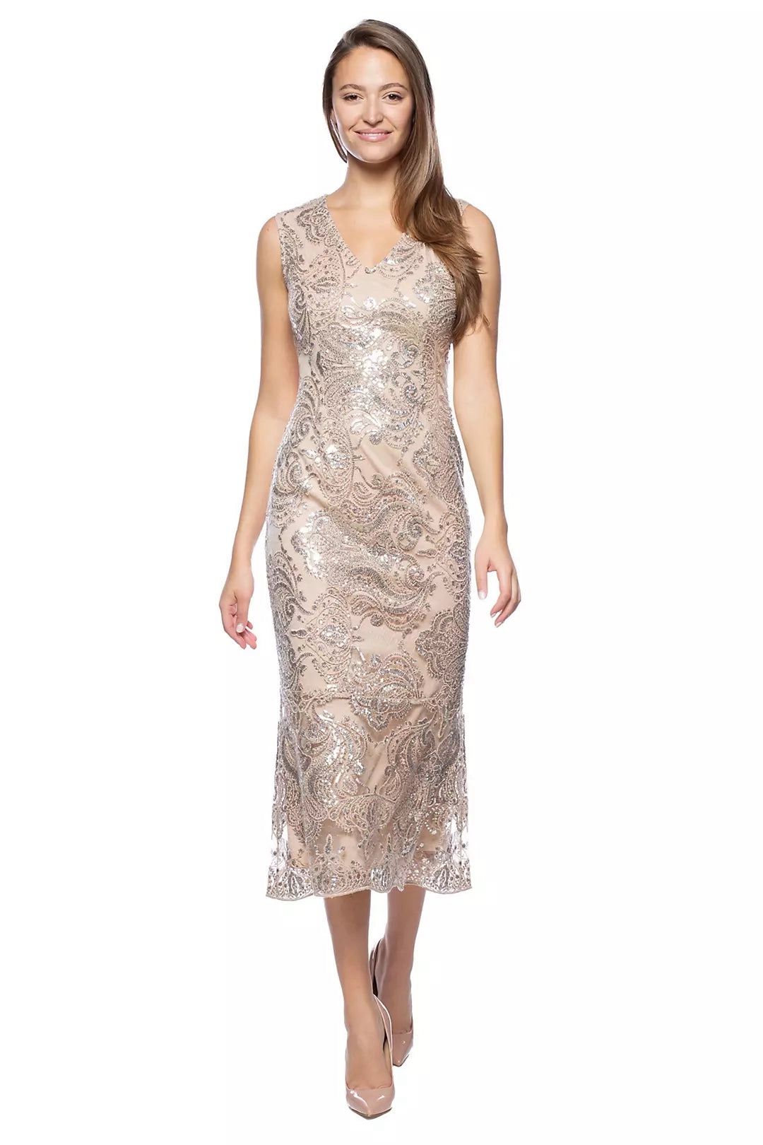 David’s Bridal Marina V-Neck Sleeveless Sequin Midi Dress in Champagne- NEW, NEVER BEEN WORN!
