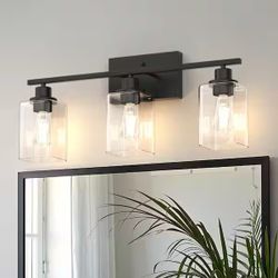 24 in. Black 3-Light Bathroom Vanity Light – Modern Industrial w/ Clear Glass Shades