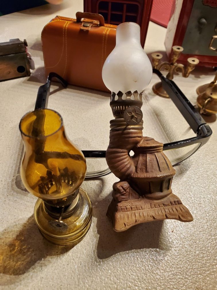 2 Miniature oil lamps, 1 mini vintage plus a bonus Avon figurine lamp