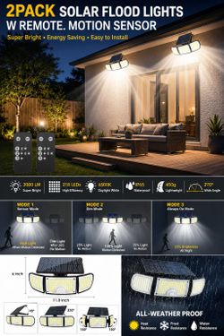 2PACK SOLAR FLOOD LIGHTS WITH REMOTE. MOTION SENSOR