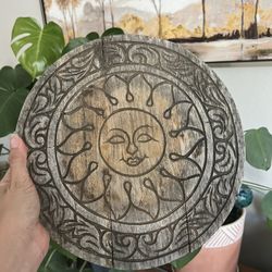 Boho Etched Wood Sun Celestial Wall Art, Plant Stand 12in