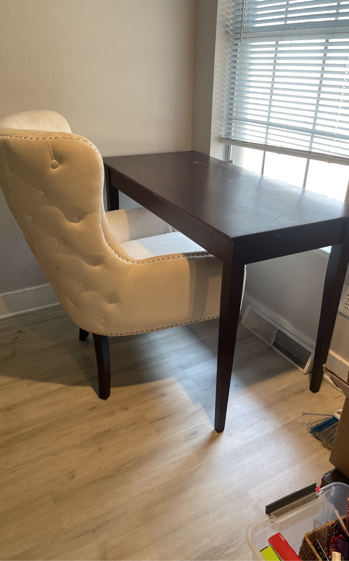 Dark Wood Desk With Tuft Cream Chair 20$ For Both
