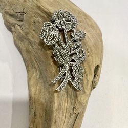 Vintage Sterling Silver Marcasite Double Rose Brooch Pin Floral 10g