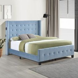 Velvet upholstered King bed w/Speaker & USB charger in various colors