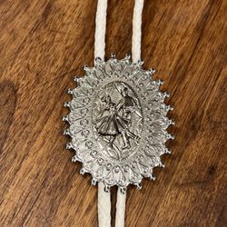 Silver Tone Square Dancing Couple Off White Bolo Tie Western Country 