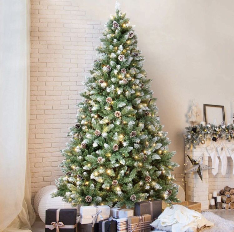 6.5 feet snow planted Christmas tree with 300 LED lights, artificial snow Christmas pine cones, for holiday decoration
