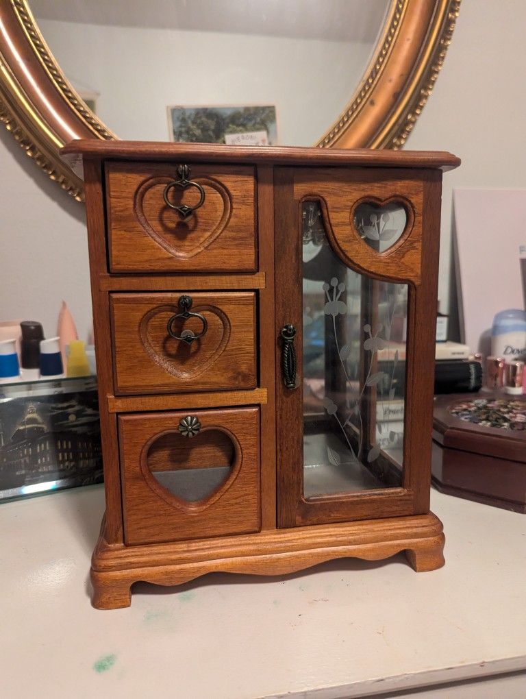 Vintage Wood Jewelry Bx, Etched Glass, Mirror, Necklace And Ring Racks, 3 Drwr W/ Insert