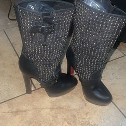 Christian Louboutin Marisa Silver Studded Black Leather/Suede Moto Boot Sz 38