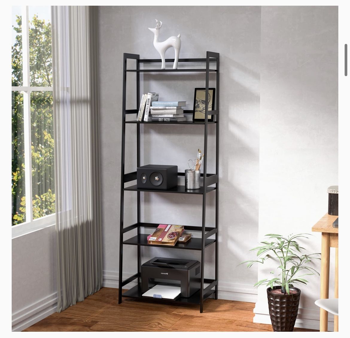 Bookshelf, Black Book Shelf, Ladder Bookcase, 5 Tier Tall Book case for Bedroom, Living Room, Office, MC-508 (Black