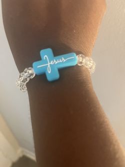 Blue Faith Cross Crystal Beaded Bracelet – Handmade Christian Stretch Bracelet