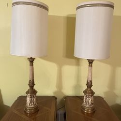 Pair Of Vintage MCM Ornate Gold Lamps With Cherubs 