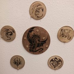 6 PC Dragon Family woodburned art piece