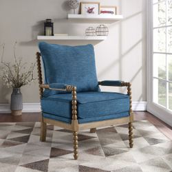 Navy Blue Fabric Spindle Arm Chair with Rustic Brown Finish | Lounge