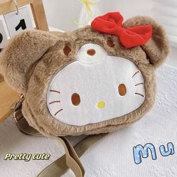 Hello Kitty Teddy Bear Sanrio Brown Soft Fur Like Shoulder Purse Bag.  