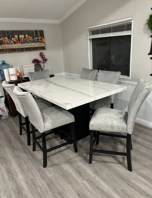 Modern Marble Top Dining Table W Chairs (6-Piece Set)