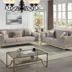 Brand New Elegant Super Plush Gold Accent Sofa Loveseat 