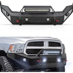 Off Road Front Bumper Fits for RAM 1500 / 2013– 2018, Full Width Front Bumper 5 Lights D-Rings, Bull Bar Built-in Winch Plate Heavy Duty Steel, Textur
