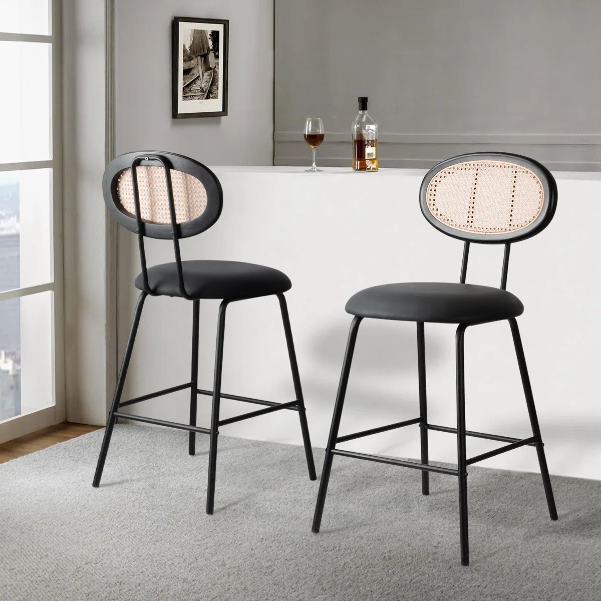 Black Rattan Bar Stool Pair