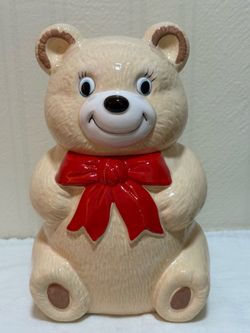 Japan Ceramic Pottery Teddy Bear Jar Beige Red Bow Glossy Finish 9 in