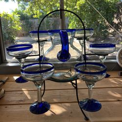 Blue Rim Margarita Glass Set with Pitcher