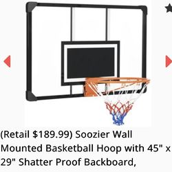 Soozier Wall Mounted Basketball Hoop with 45" x 29" Shatter Proof Backboard,