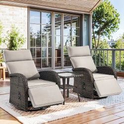 Pocassy Reclining Patio Chair with Adjustable Backrest - 2 Swivel Chairs with Table - Beige Cushion