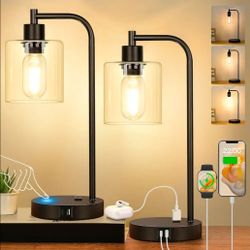 Nintiue Set of 2 Industrial Touch Control Table Lamps with USB C+A Ports and AC Outlet - 3-Way Dimmable Black Bedside Lamps Nightstand