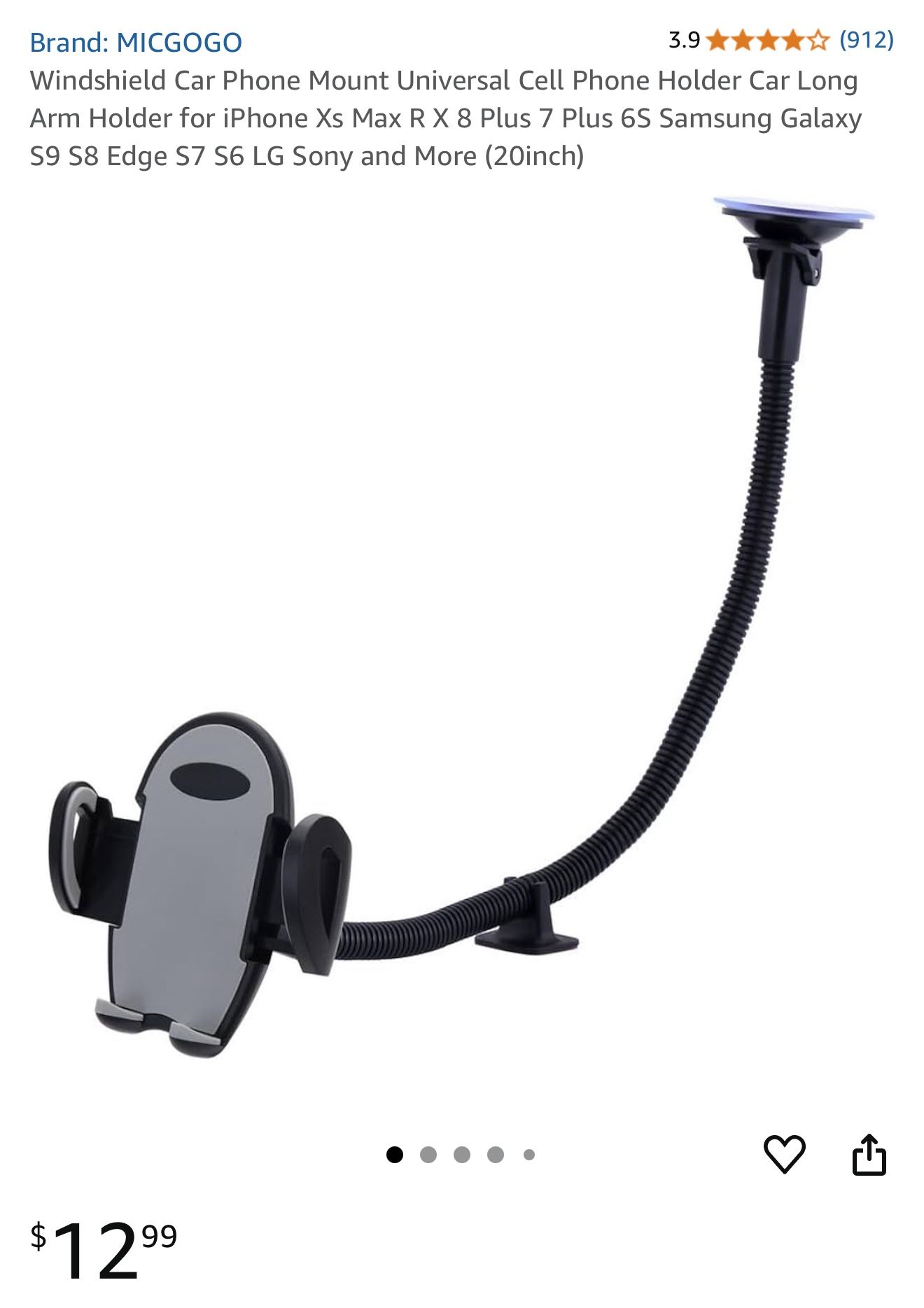 Windshield Car Phone Mount Universal Cell Phone Holder Car Long Arm Holder for iPhone Xs Max R X 8 Plus 7 Plus 6S Samsung Galaxy S9 S8 Edge S7 S6 LG S