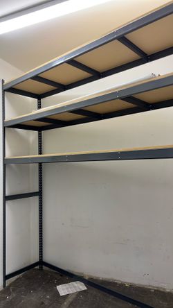 Boltless racks 24”depth x 96” length x 96” height includes 3 shelves - black bin not included- we have 20 racks