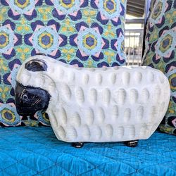 Charming Vintage Folk Art Lamb/Sheep Figurine — White & Black, Detailed Carved Fur, Heavy Wood, 11.5" x 5", Minor Wear. Perfect for rustic decor.