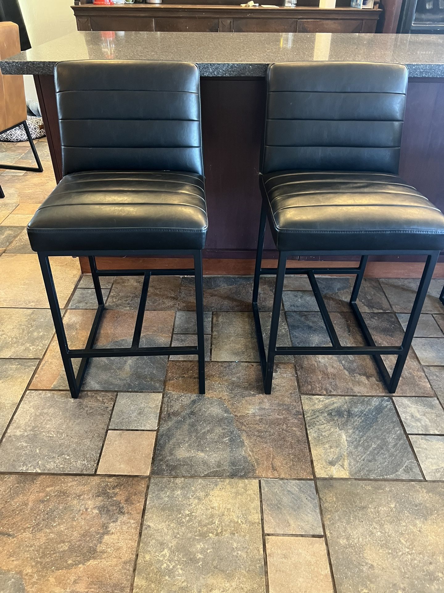 (x2) Modern Faux Leather Kitchen Counter-Height Bar Stool, 37"H, Black