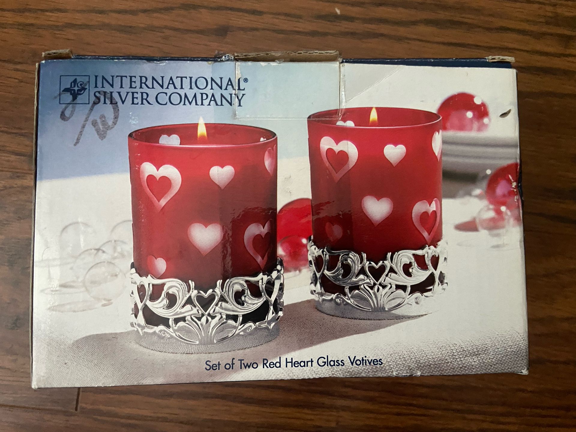 Set Of Two Red Heart Glass Votives / Candle
