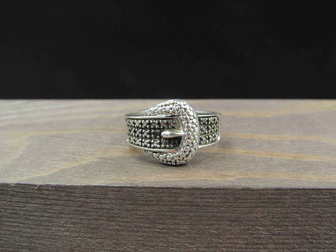 Size 7 Sterling Silver Black Diamond Chip Belt Band Ring Vintage Statement Engagement Wedding Promise Anniversary Cocktail Cute Cool