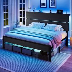 Queen Size Bed Frame, Led Light, Charging Station, Storage Shelf