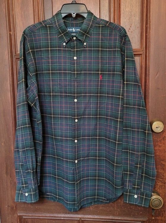 Ralph Lauren Classic Fit Green Blue Tartan Plaid Button Up Shirt XL