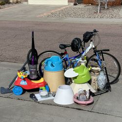 Moving Yard Sale Bikes Lamps Vacuum Cleaner Scooter Crib Random Stuff + Some Free Items