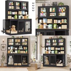 71"H x 55"L Large Dog Crate Furniture with Hutch Shelf and Glass Door, Indoor Dog Kennel with Divider and Feeding Bowls for Large Dogs 2 Pets, Heavy D