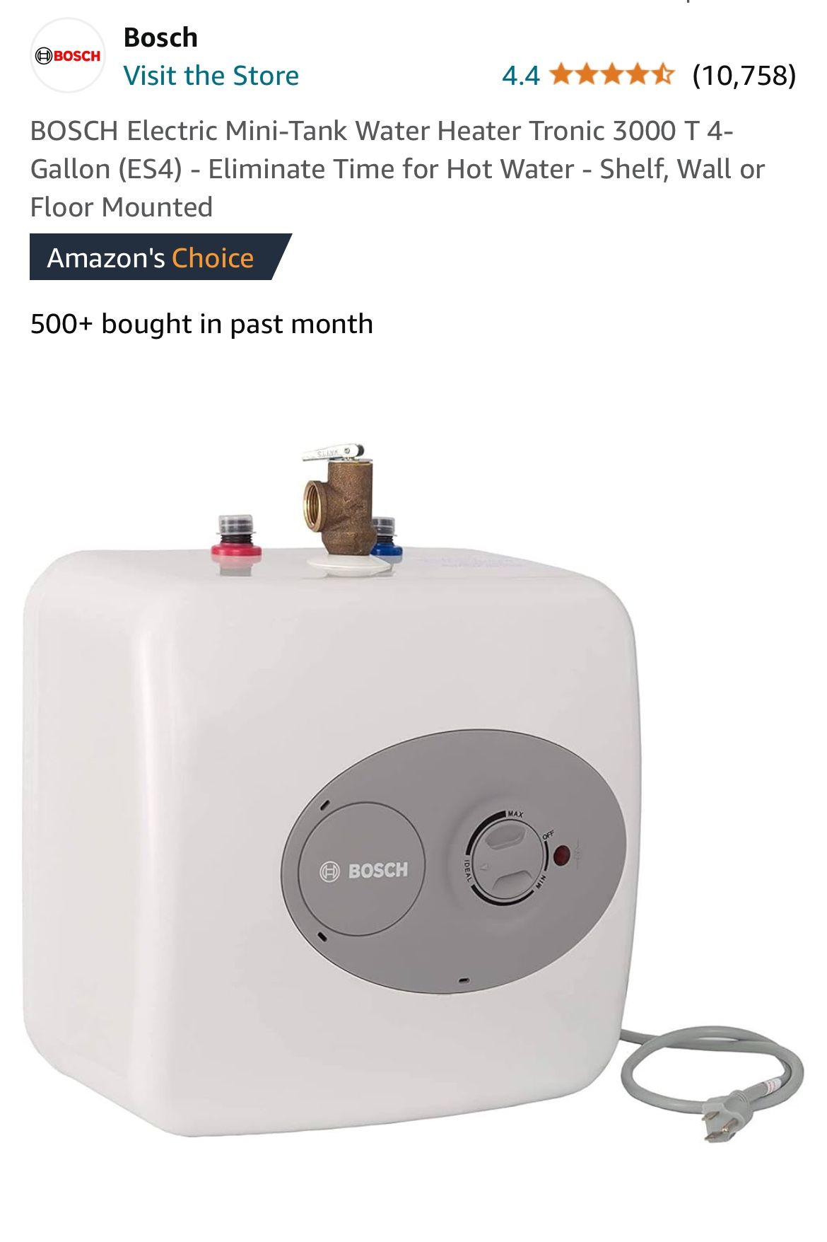 BOSCH Electric Mini-Tank Water Heater Tronic 3000 T 4-Gallon (ES4) - Eliminate Time for Hot Water - Shelf, Wall or Floor Mounted