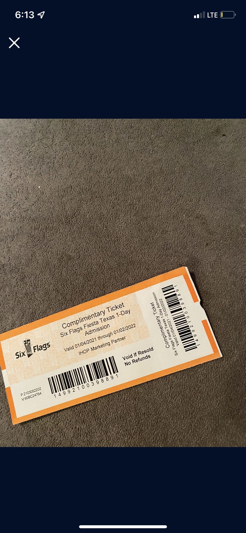 Six Flags Ticket (just 1)