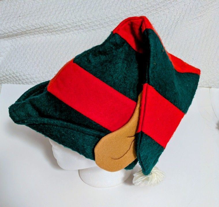 ELF HAT Christmas Red Green Stripes White Pom Poms Tan Earss