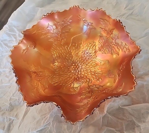 Antique Fenton Marigold Stag & Holly Carnival Glass Footed Bowl Ruffled