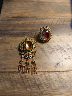 Vintage Gold-Tone Rainbow Crystal Brooch and Ring Set