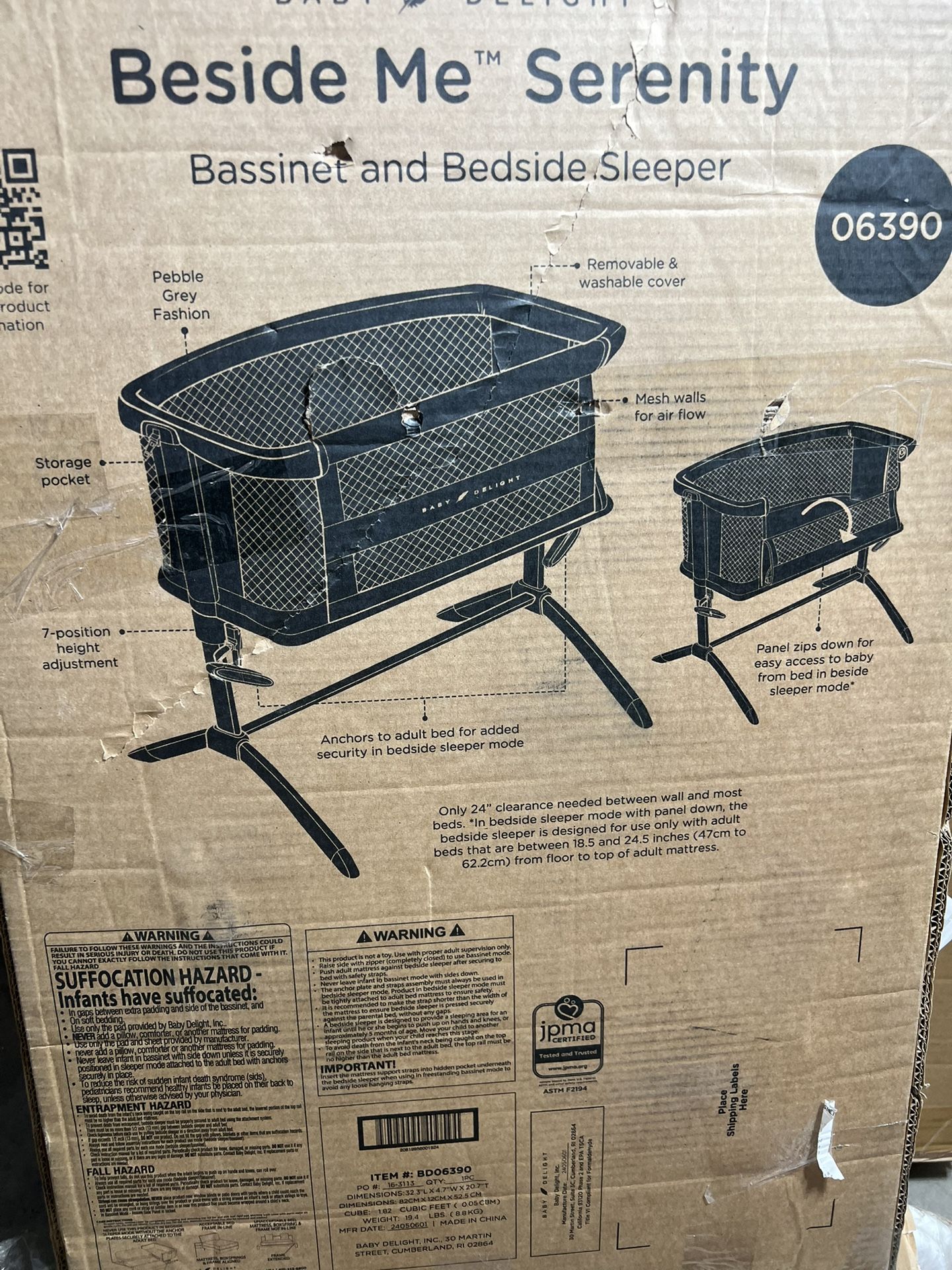 New Baby Delight Beside Me Dreamer Bassinet Bedside Sleeper 6 Position Height Adjustment Charcoal Tweed